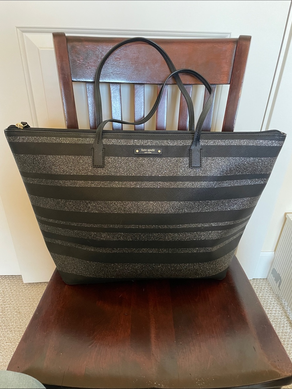 kate spade Black and Metallic Stripe Large Tote